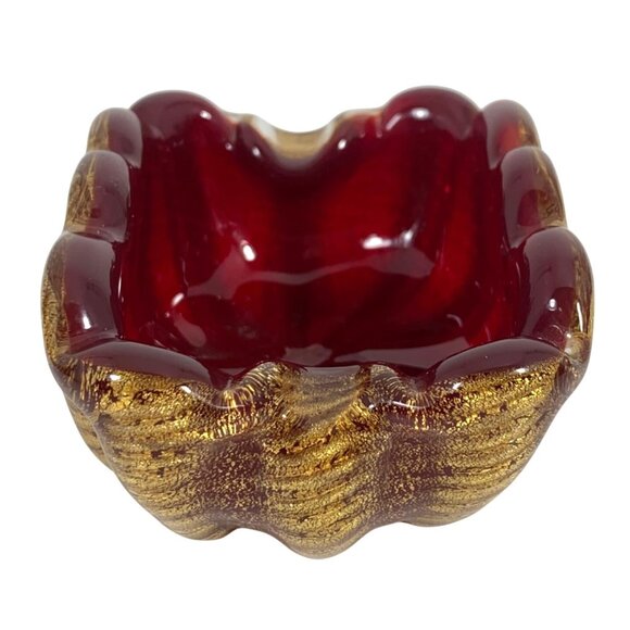 Vintage Deep Red Gold Flecks Inlay Art Glass Mid Century Bowl Trinket Dish - Picture 4 of 13